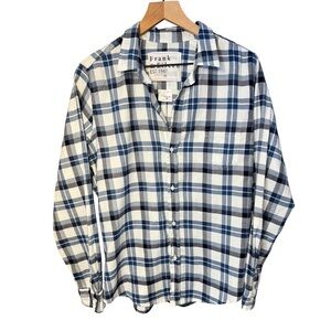 Frank & Eileen Women’s Barry Navy Poplin Cotton Button Up Plaid Sz XL